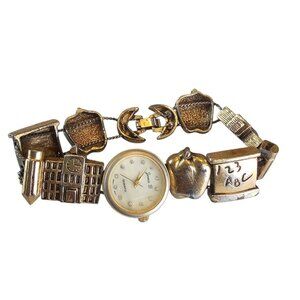 90s School Teacher Watch Womens Wristwatch Gold‎ Charms NEEDS BATTERY Novelty